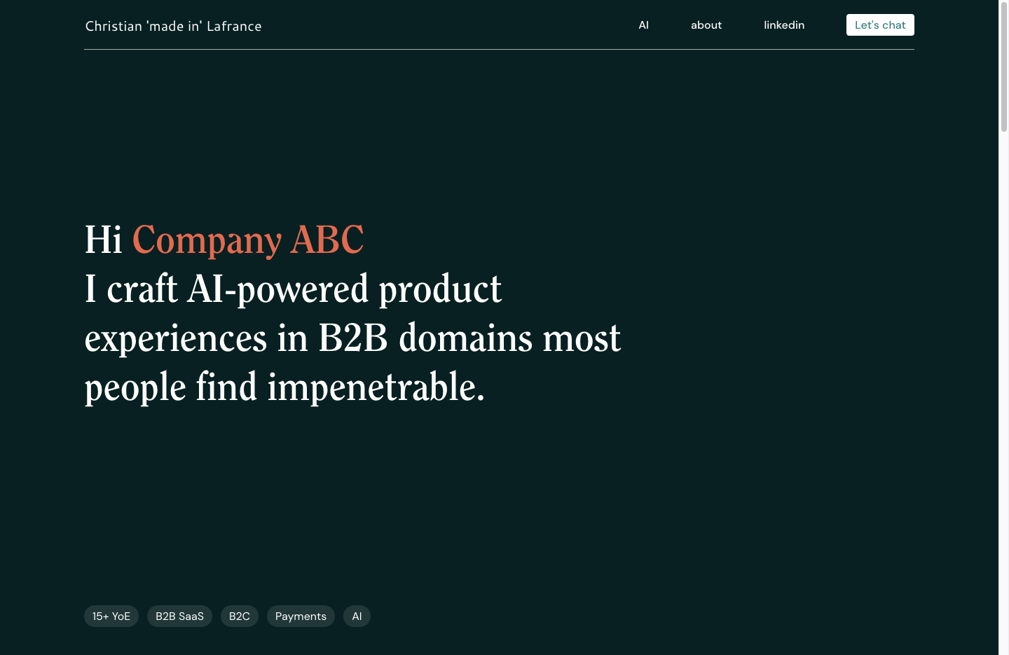 Landing page tailored to Company ABC, orange serif brand on a dark hero