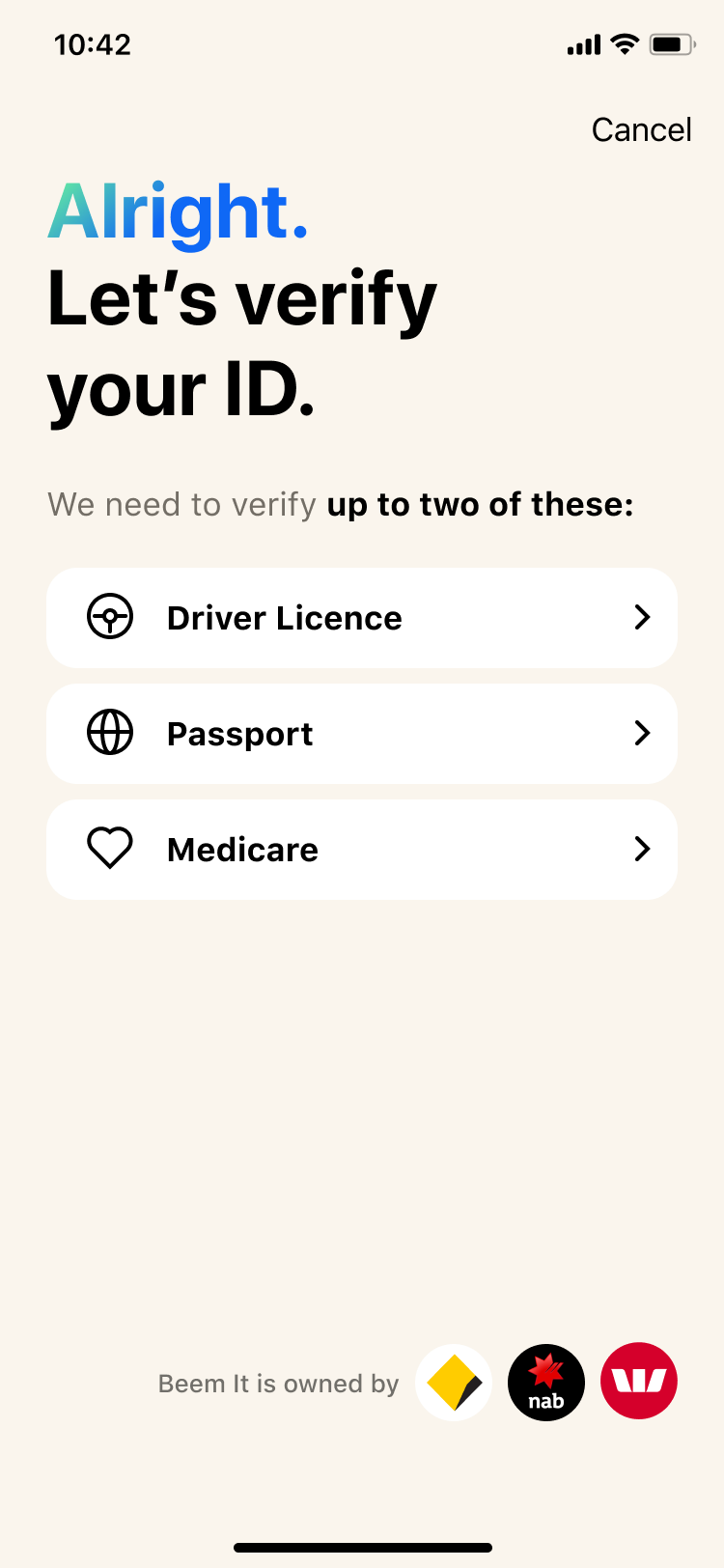 ID verification screen prompting users to verify up to two documents