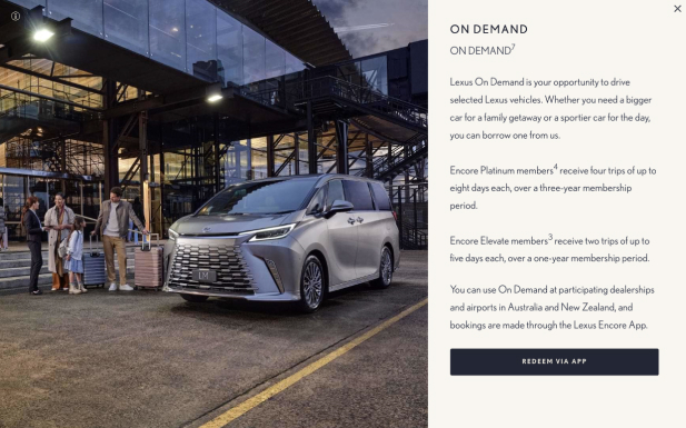 Lexus On Demand offer page — borrow a Lexus for a trip via the Encore program